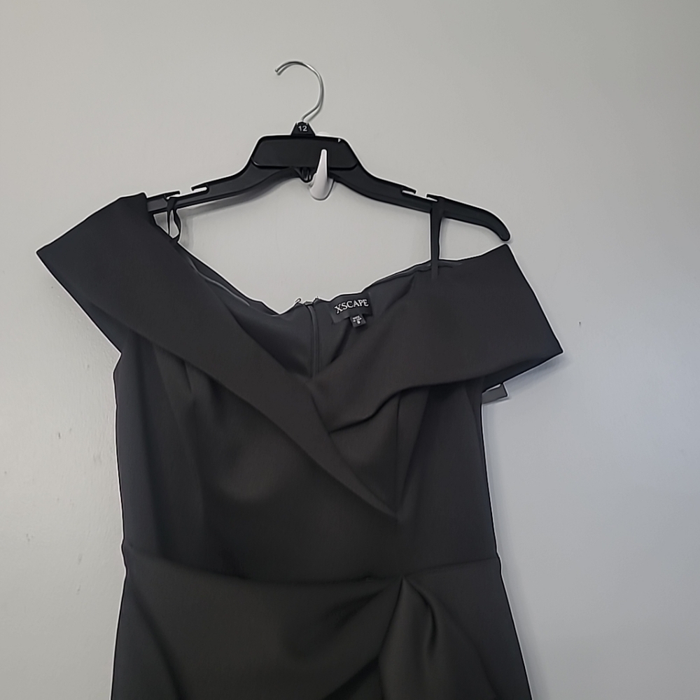 Xscape Evenings"Jessie" Short Scuba Off the Shoulder Ruffle Dress - Picture 9 of 11
